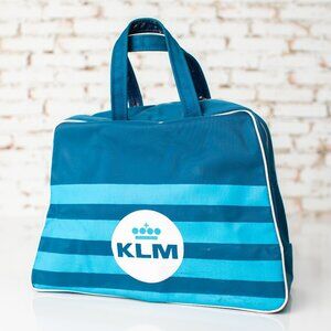 Vintage KLM Airlines Blue Carry On Travel Bag Retro 1970s Logo Duffle Tote